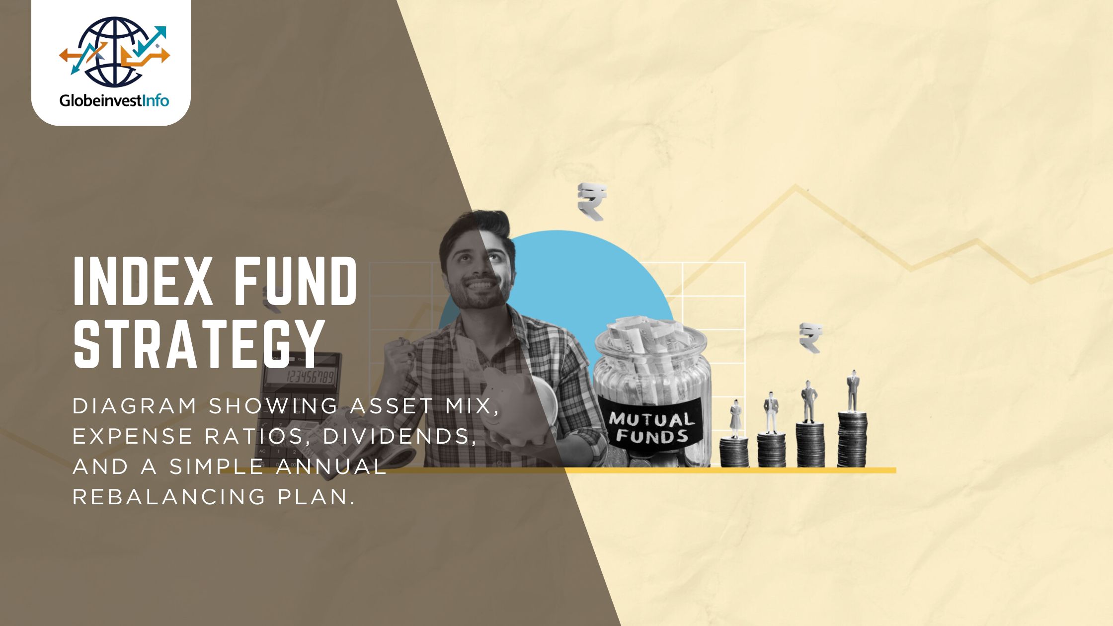 Diagram showing asset mix, expense ratios, dividends, and a simple annual rebalancing plan.