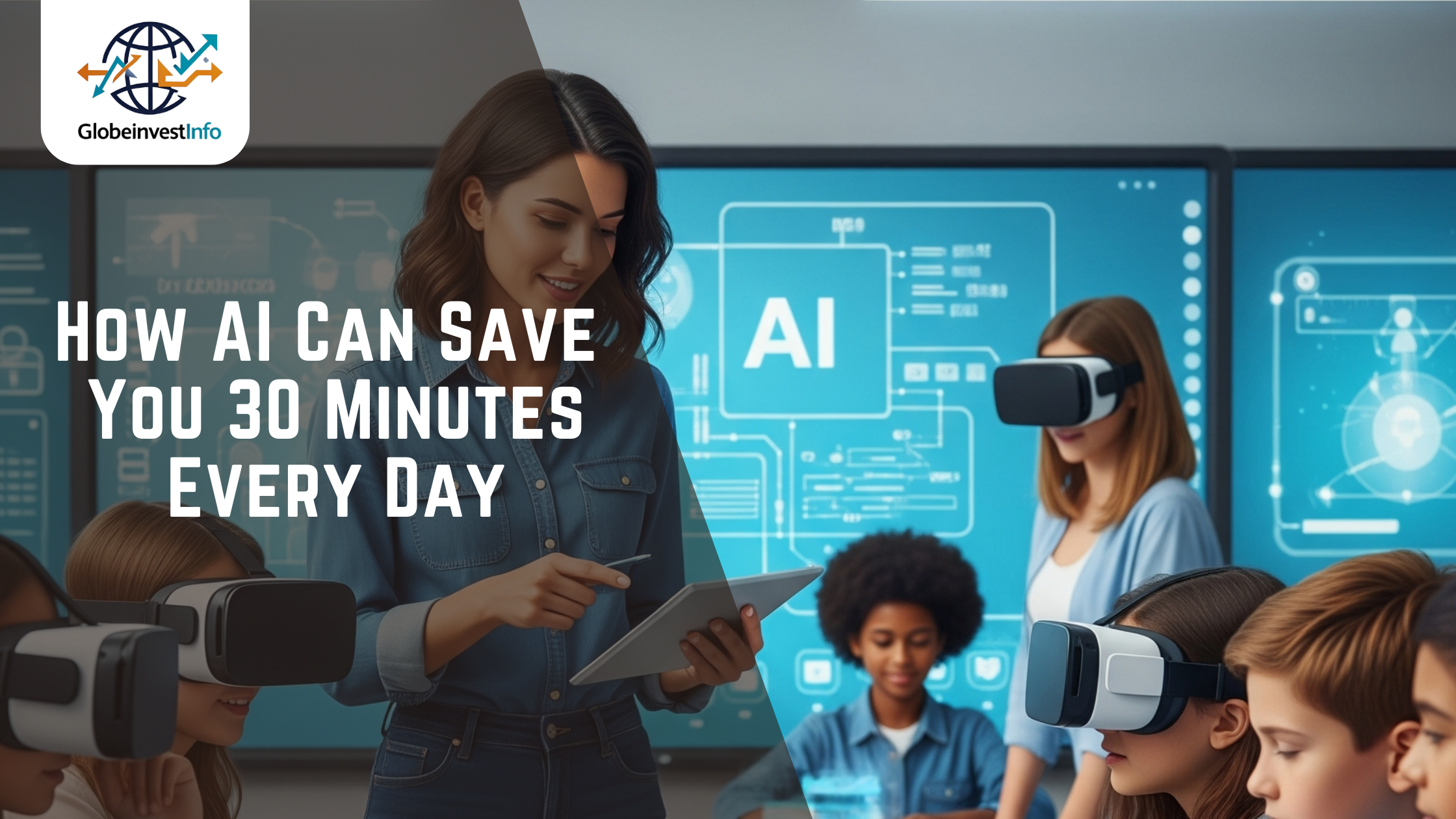 How AI can save 30 minutes every day thumbnail illustration AI robot helping a woman with time management blog image Artificial intelligence productivity concept with clock AI assistant saving time daily blog thumbnail Flat design AI productivity blog image for time saving